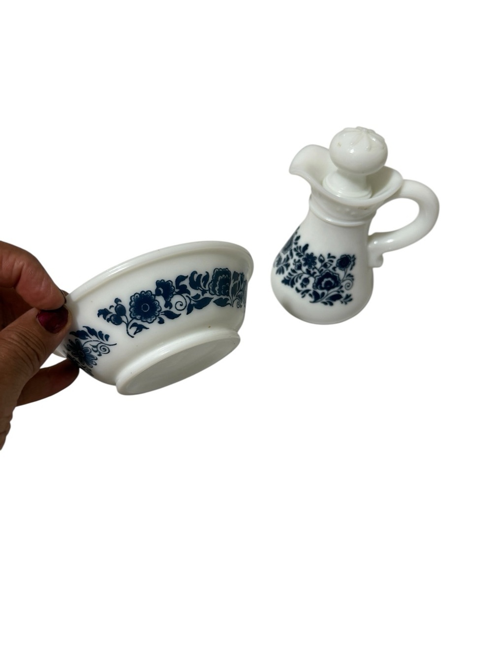 Avon vintage White Ceramic Cruet with Navy Floral Motif bath oil